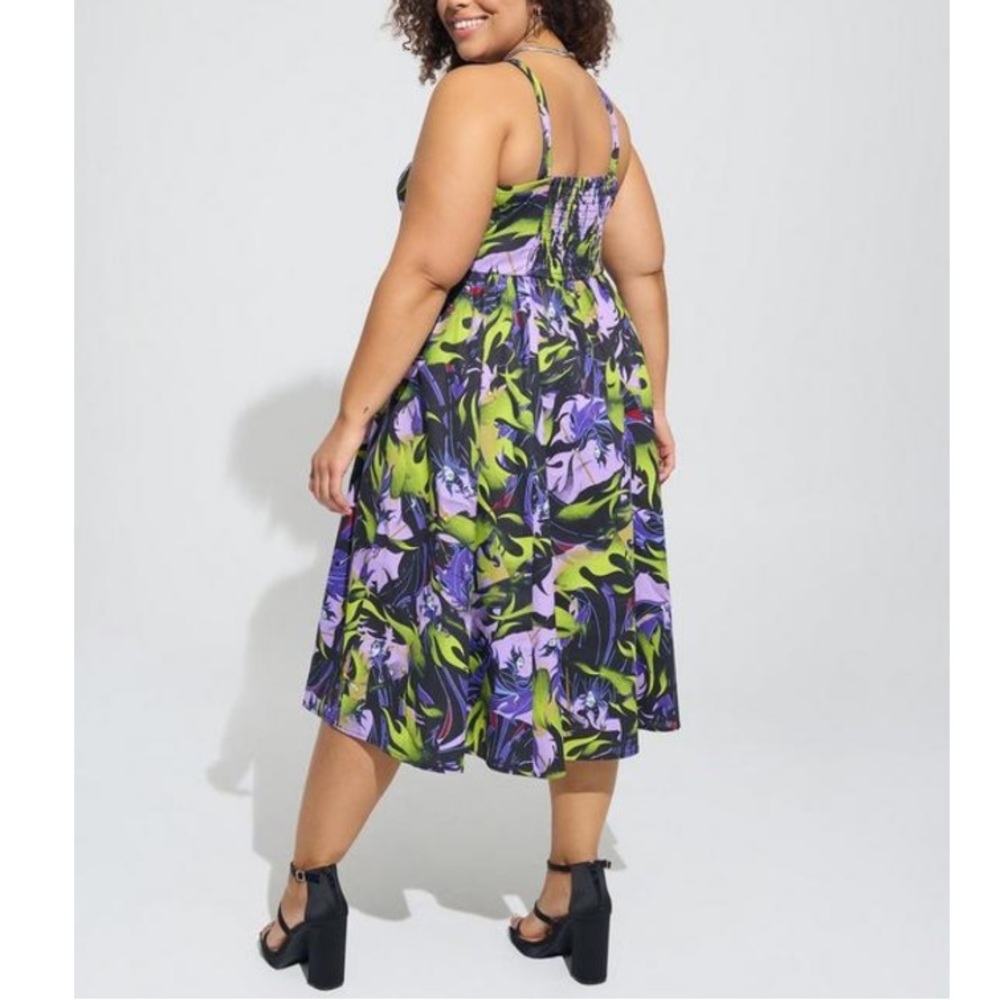 TORRID NWT DISNEY VILLAINS MALEFICENT MIDI STRETCH POPLIN DRESS HALLOWEEN - Picture 3 of 5